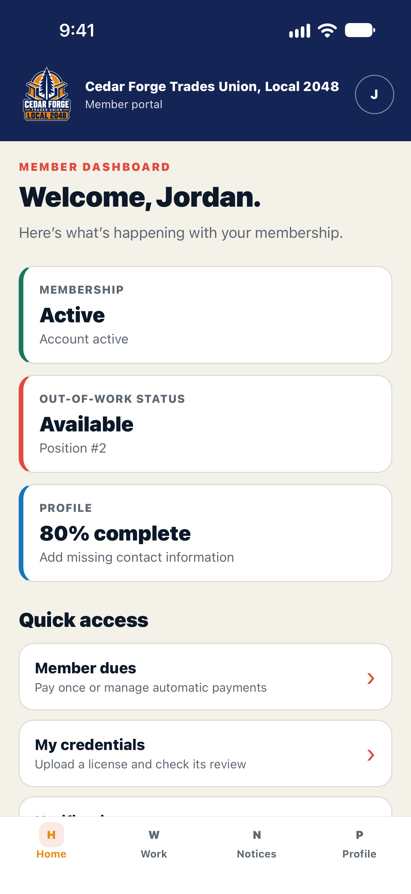 Actual MemberHall member app dashboard with fictional membership and out-of-work information.