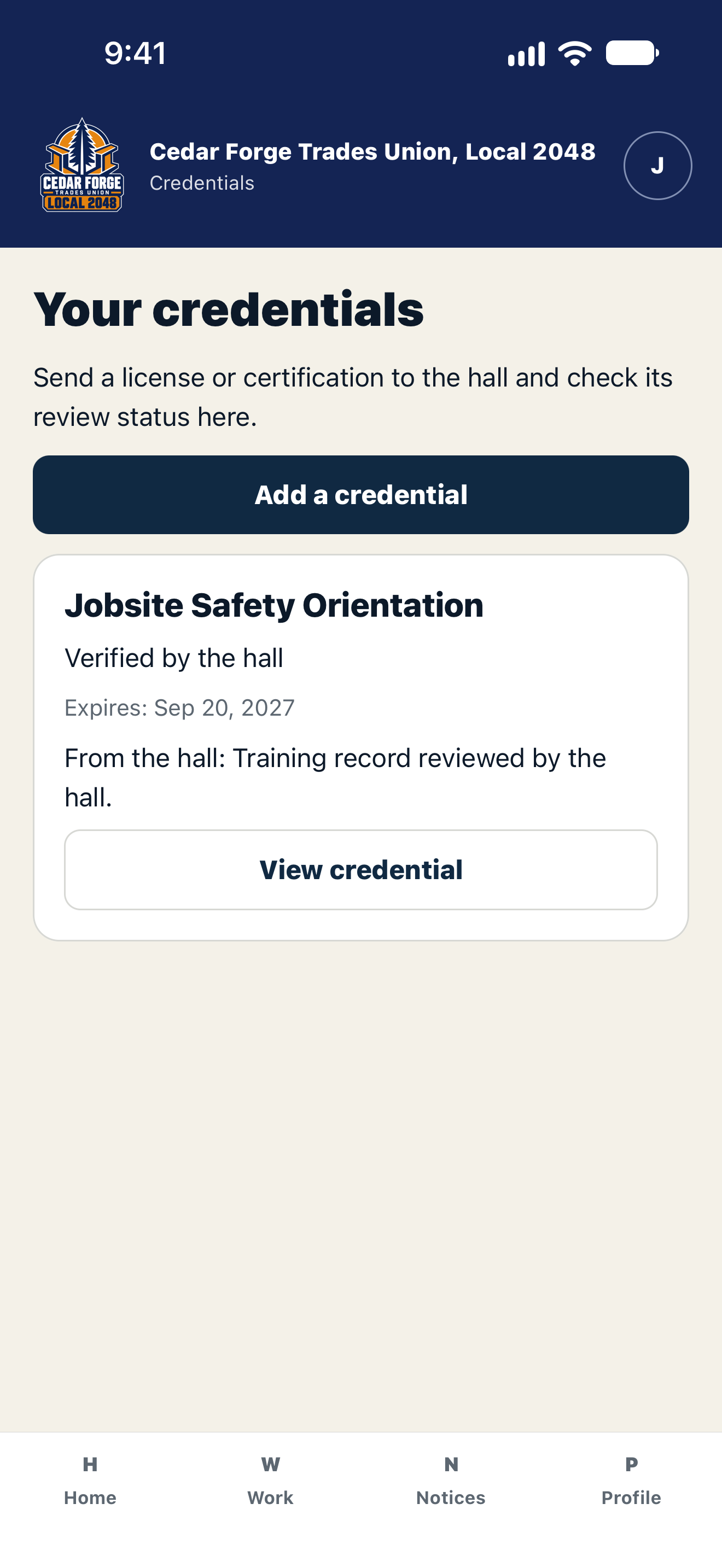 MemberHall iPhone Credentials screen with Add a credential and a fictional safety credential verified by the hall.