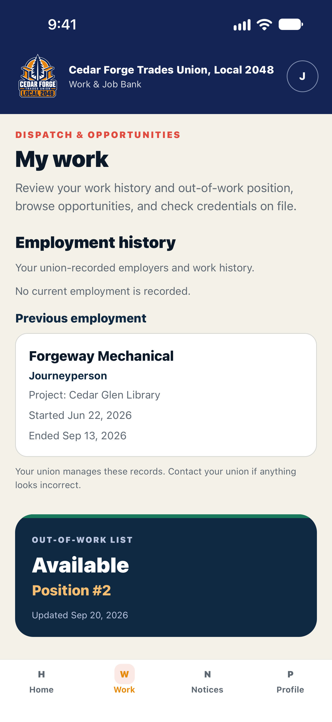 MemberHall iPhone Work screen showing fictional past employment at Forgeway Mechanical and available position 2.