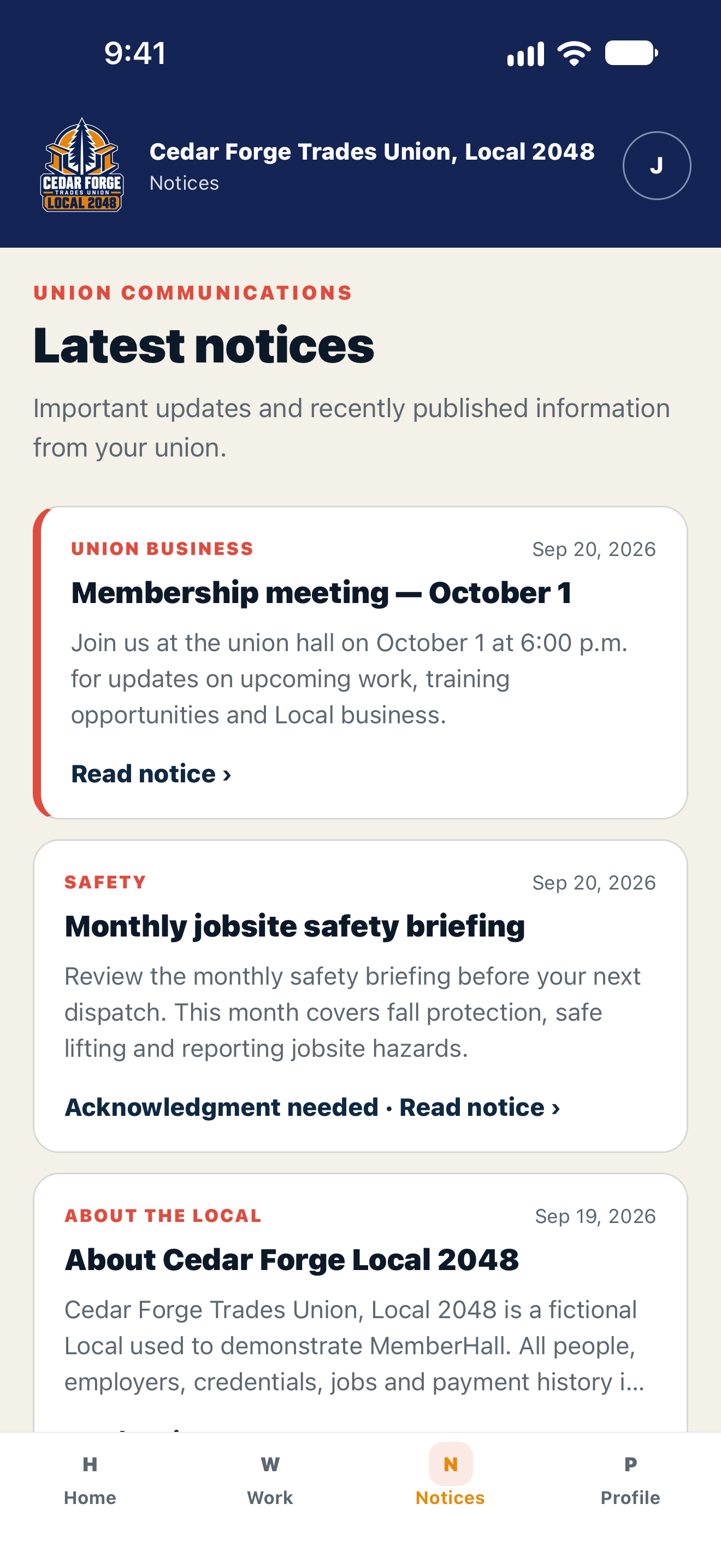 MemberHall iPhone Notices screen showing fictional membership meeting and safety briefing notices, including an acknowledgment-needed label.