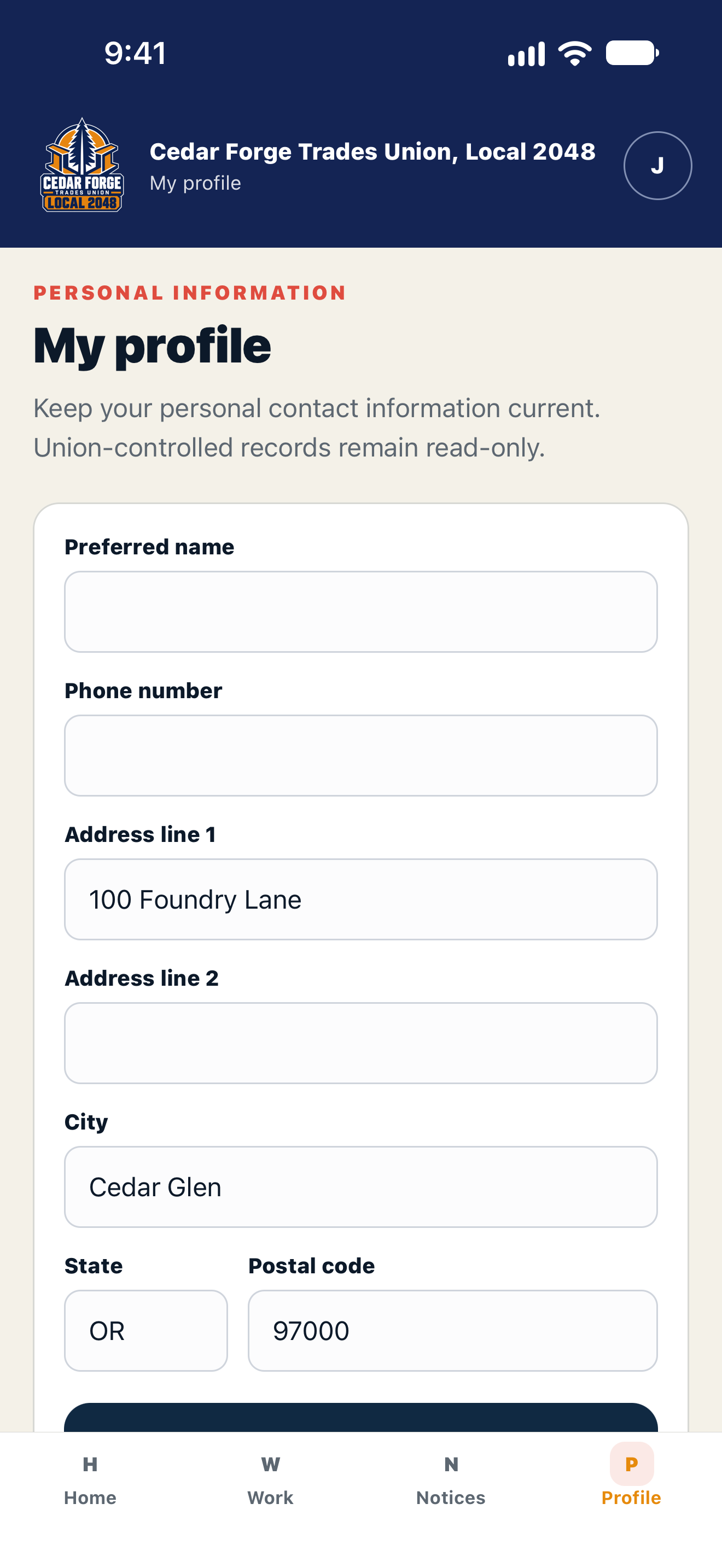 MemberHall iPhone Profile screen with editable personal contact fields and a fictional Cedar Glen address.
