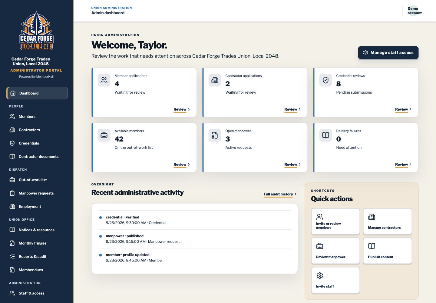 Actual administrator dashboard layout with fictional application and credential review counts, available members, manpower requests, and activity history.
