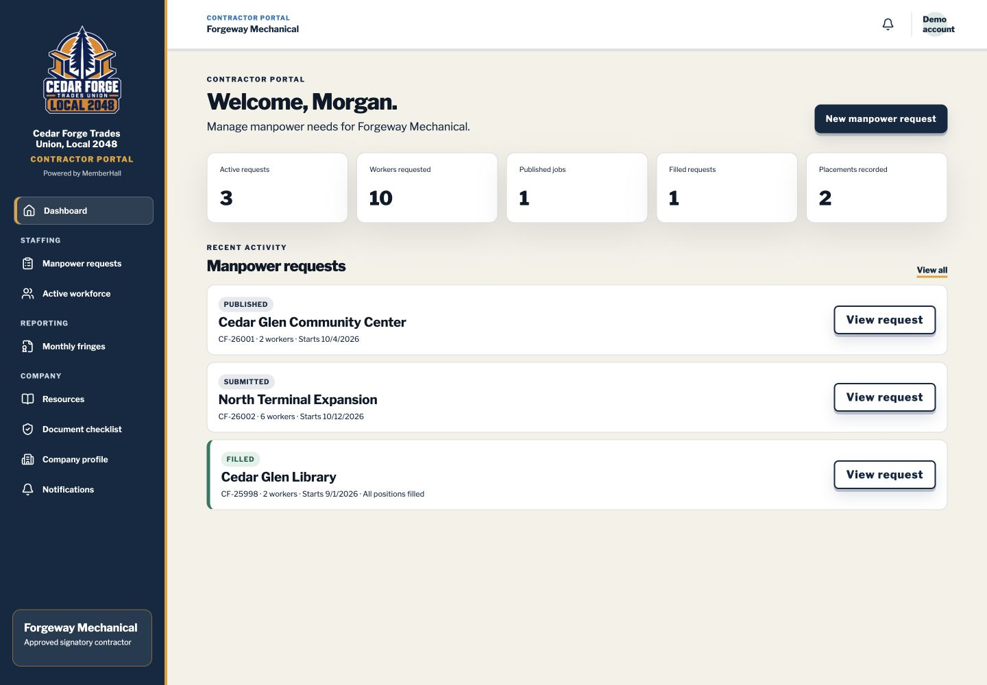 Actual contractor dashboard layout with fictional Forgeway Mechanical manpower requests in submitted, published, and filled states.